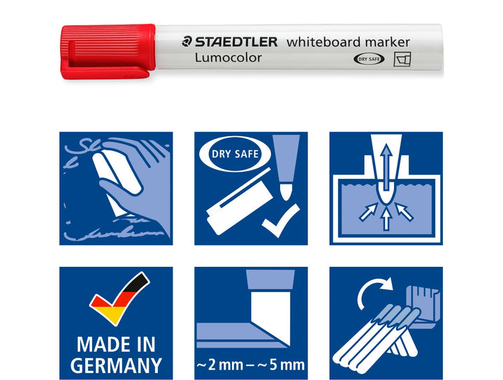 STAEDTLER Lumocolor 351 red whiteboard marker chisel tip with features including dry safe technology, washable ink and 2–5 mm stroke width
