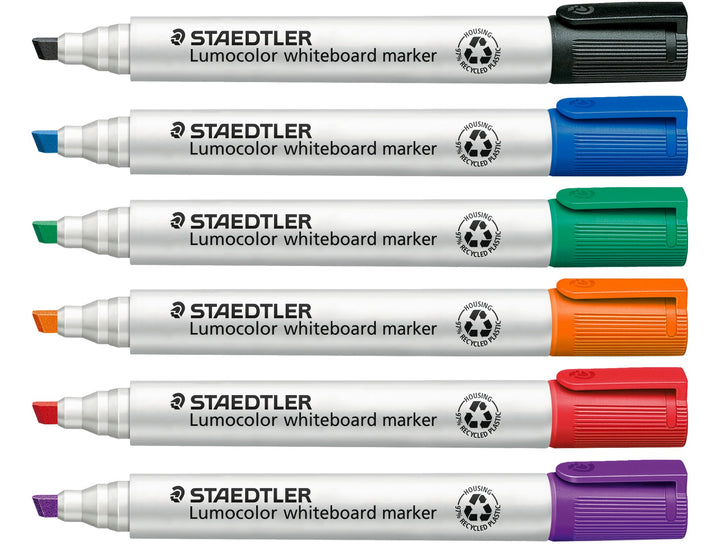 STAEDTLER Lumocolor 351 whiteboard marker colour range including black blue green orange red and purple chisel tip markers
