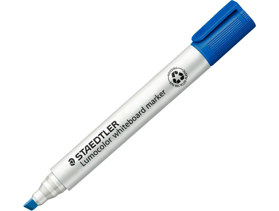 STAEDTLER Lumocolor 351 whiteboard marker blue chisel tip dry wipe marker with cap on