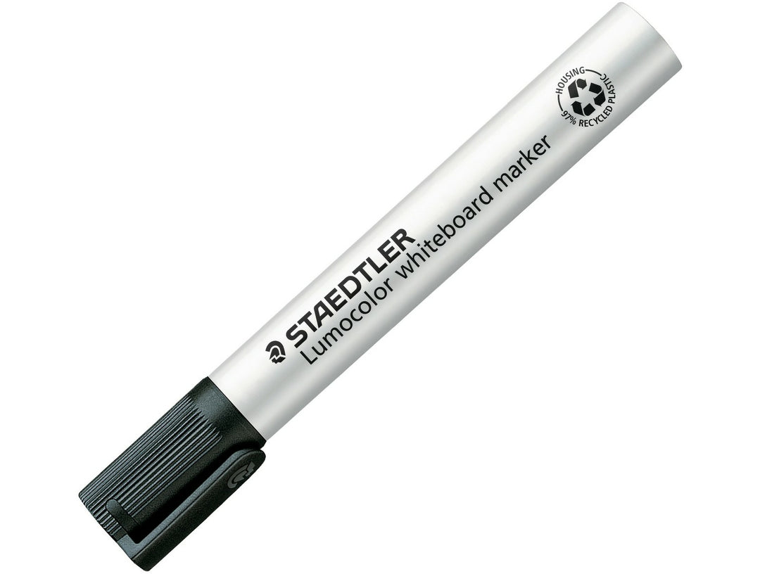 STAEDTLER Lumocolor 351 black whiteboard marker bullet tip detail showing cap and barrel branding close-up