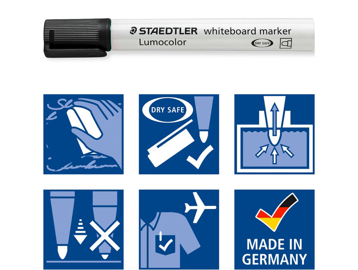 STAEDTLER Lumocolor 351 black whiteboard marker bullet tip with features including dry safe ink, easy wipe cleaning and made in Germany