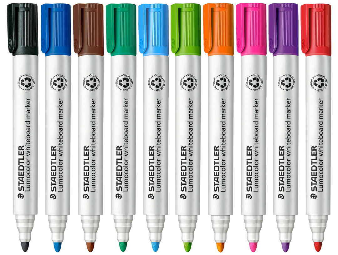 STAEDTLER Lumocolor 351 whiteboard marker colour range showing all ten colours with caps and bullet tip design
