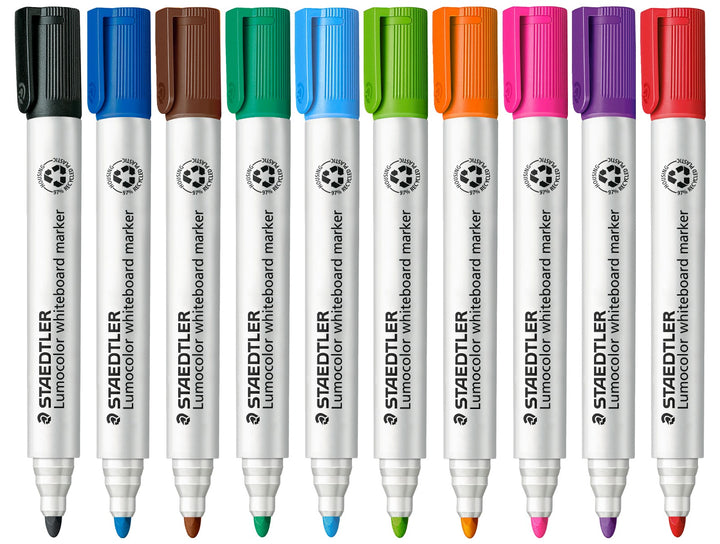 STAEDTLER Lumocolor 351 whiteboard marker colour range showing all ten colours with caps and bullet tip design