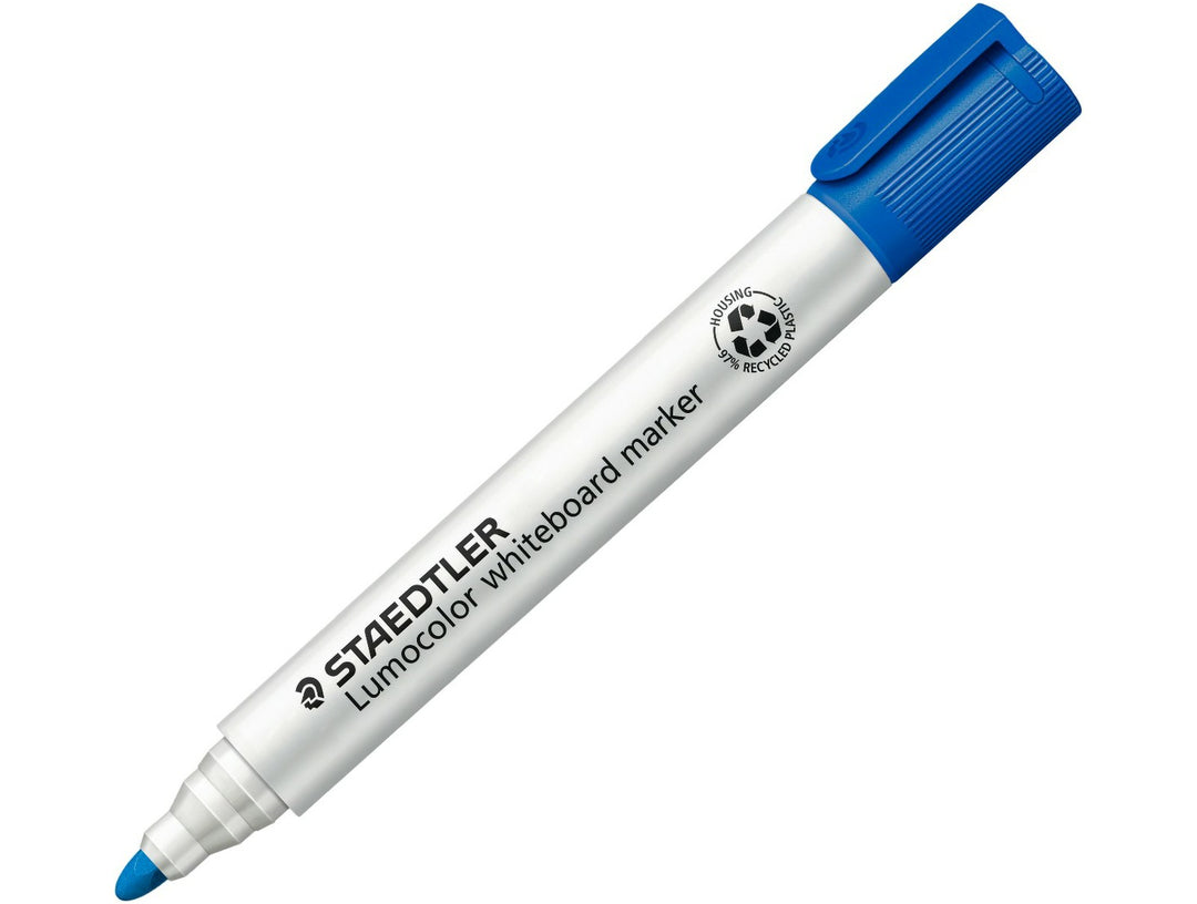 STAEDTLER Lumocolor 351 whiteboard marker blue bullet tip dry wipe marker with cap on