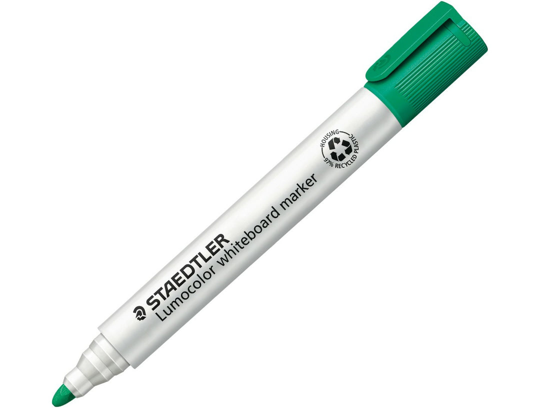 STAEDTLER Lumocolor 351 whiteboard marker green bullet tip dry wipe marker with cap on