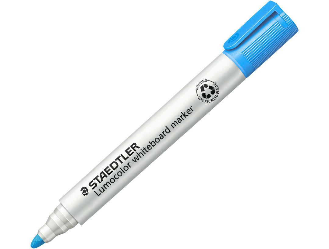 STAEDTLER Lumocolor 351 whiteboard marker light blue bullet tip dry wipe marker with cap on