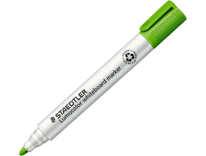 STAEDTLER Lumocolor 351 whiteboard marker light green bullet tip dry wipe marker with cap on