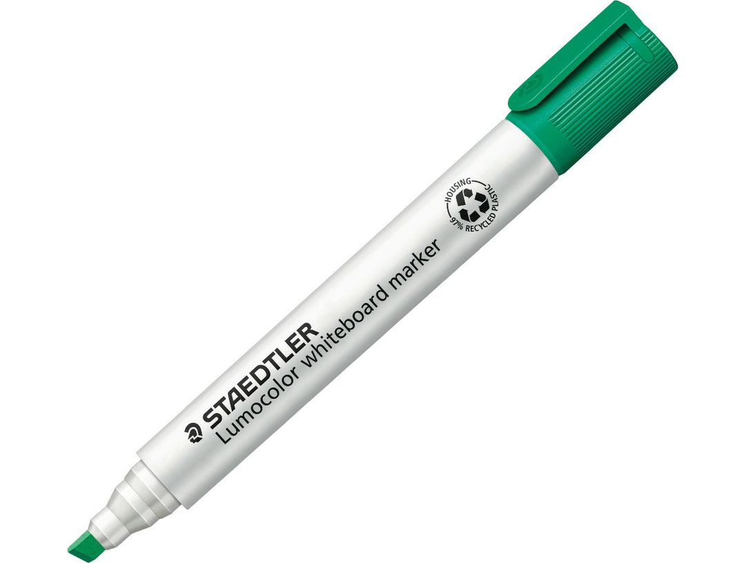 STAEDTLER Lumocolor 351 whiteboard marker green chisel tip dry wipe marker with cap on