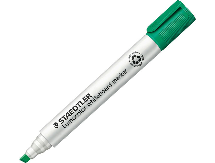 STAEDTLER Lumocolor 351 whiteboard marker green chisel tip dry wipe marker with cap on
