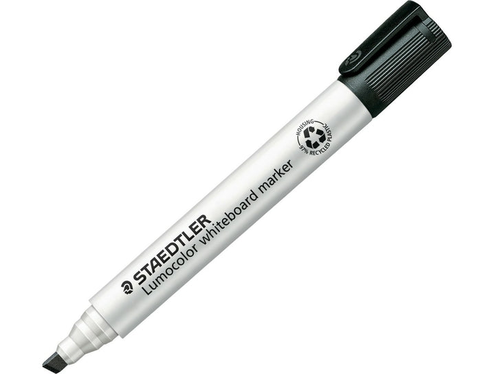 STAEDTLER Lumocolor 351 whiteboard marker black chisel tip dry wipe marker with cap on