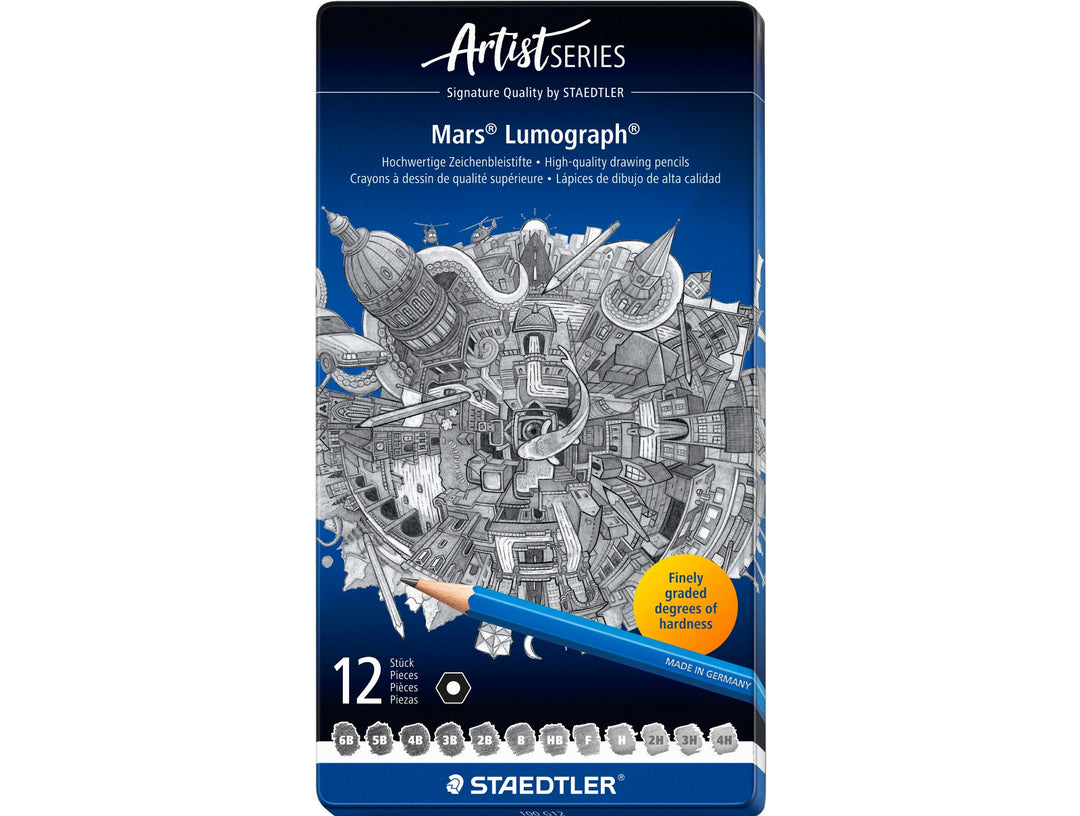 STAEDTLER Mars Lumograph 100 graphite pencil set 12 pack tin showing grades from 6B to 4H