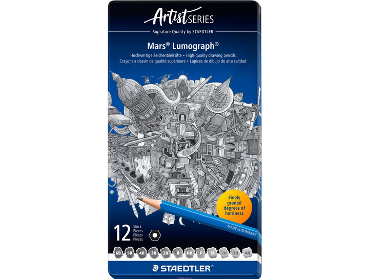 STAEDTLER Mars Lumograph 100 graphite pencil set 12 pack tin showing grades from 6B to 4H