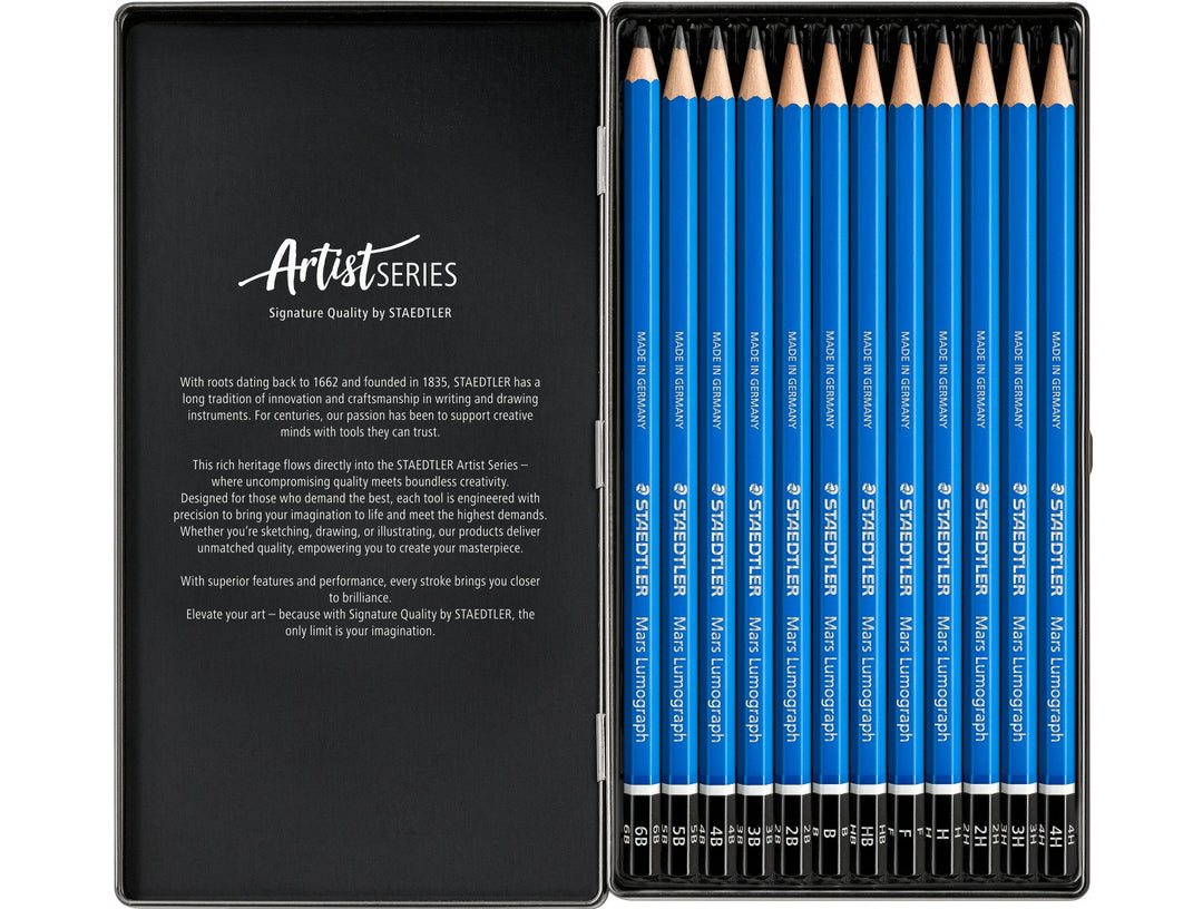 STAEDTLER Mars Lumograph 100 graphite pencil set 12 pack in open tin with grades from 6B to 4H visible
