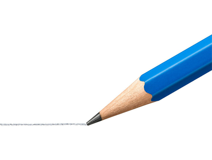 STAEDTLER graphite pencil tip close-up showing smooth graphite line with sharpened wooden point and blue barrel