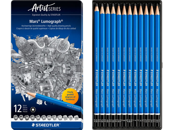 STAEDTLER Mars Lumograph 100 graphite pencils 12 set with metal tin and full selection of drawing pencils visible
