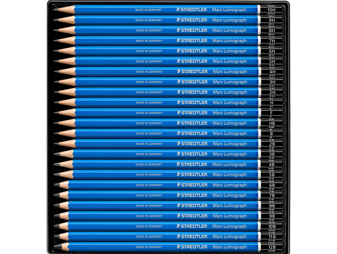 STAEDTLER Mars Lumograph 100 graphite pencil set 24 pack showing complete hardness range from 12B to 10H