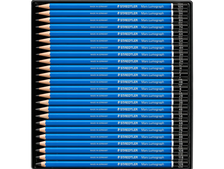 STAEDTLER Mars Lumograph 100 graphite pencil set 24 pack showing complete hardness range from 12B to 10H