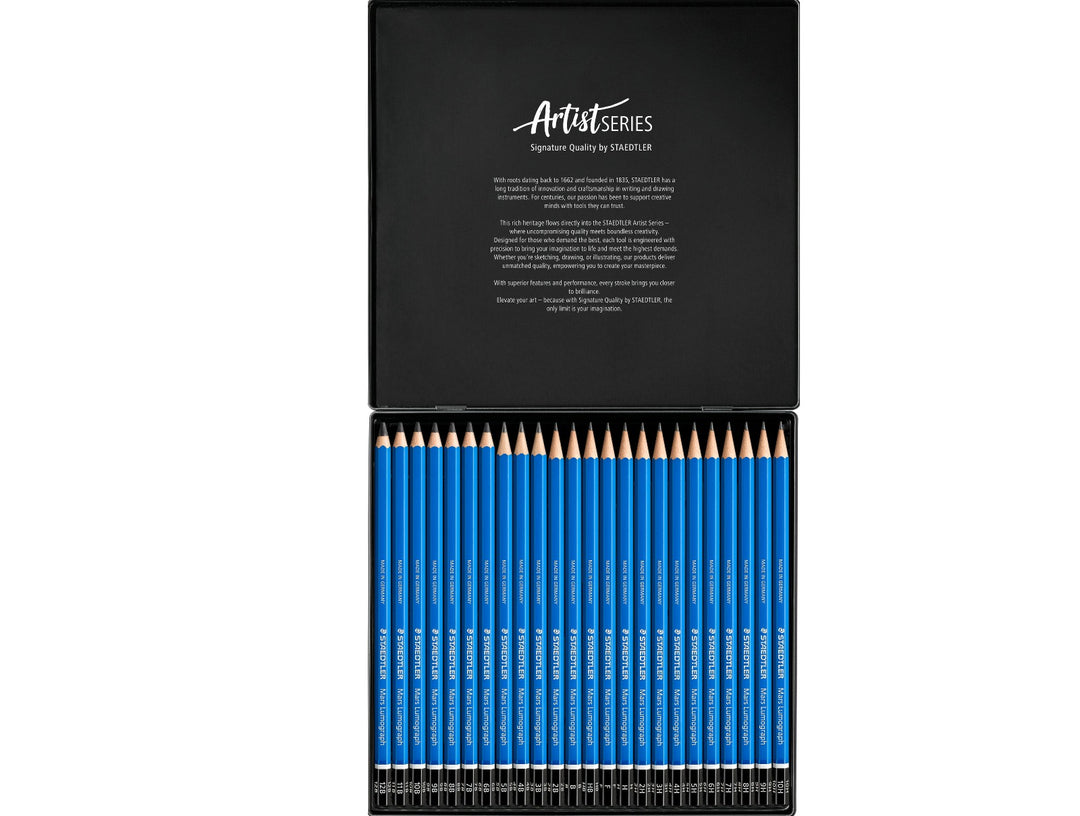 STAEDTLER Mars Lumograph 100 graphite pencil set 24 pack in open case showing full range grades 12B to 10H