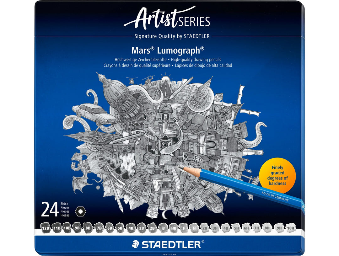 STAEDTLER Mars Lumograph 100 graphite pencil set 24 pack in metal case with full range grades 12B to 10H