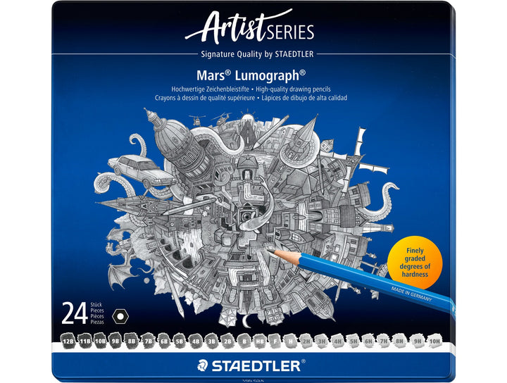 STAEDTLER Mars Lumograph 100 graphite pencil set 24 pack in metal case with full range grades 12B to 10H
