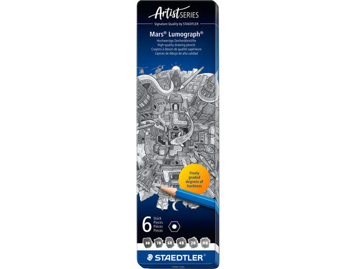 STAEDTLER Mars Lumograph 100 graphite pencil set 6 pack tin showing grades from 8B to HB