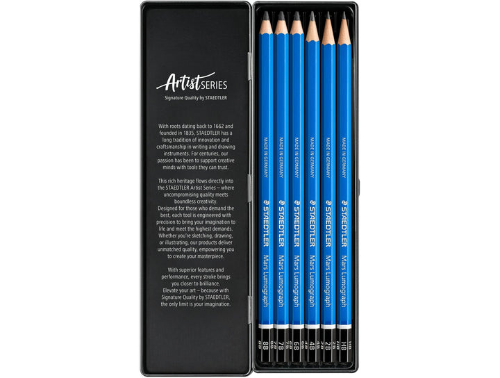 STAEDTLER Mars Lumograph 100 graphite pencil set 6 pack in open metal tin showing soft sketching grades