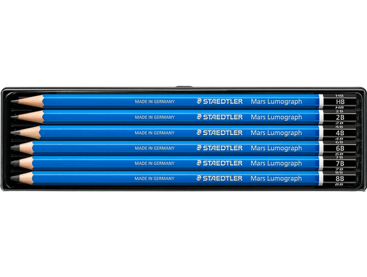 STAEDTLER Mars Lumograph 100 graphite pencil set 6 pack showing soft sketching range from 8B to HB in tray