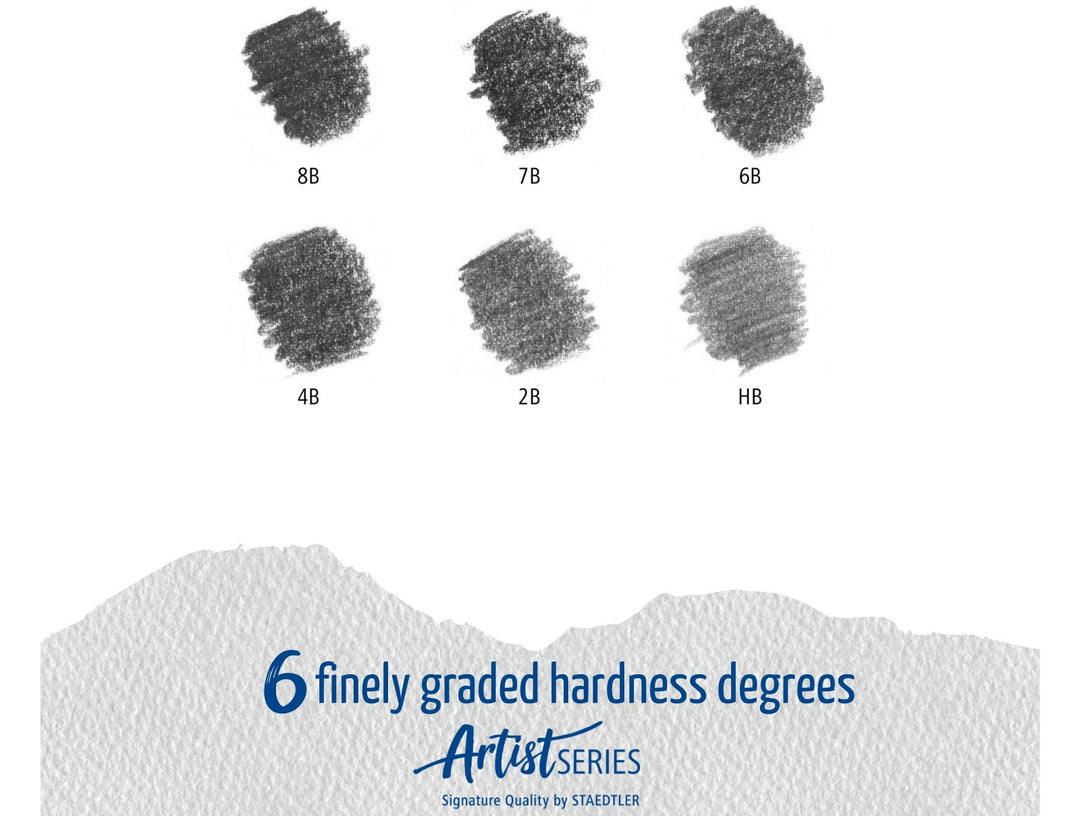 STAEDTLER Mars Lumograph 100 graphite pencil set 6 pack hardness scale showing tonal shading from soft 8B to HB