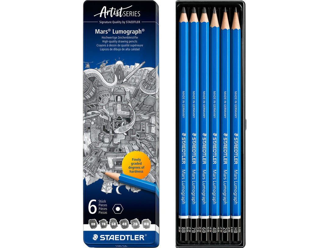 STAEDTLER Mars Lumograph 100 graphite pencil set 6 pack showing tin packaging and soft grade drawing pencils from 8B to HB