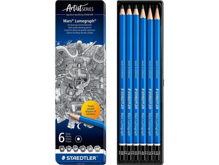 STAEDTLER Mars Lumograph 100 graphite pencil set 6 pack showing tin packaging and soft grade drawing pencils from 8B to HB