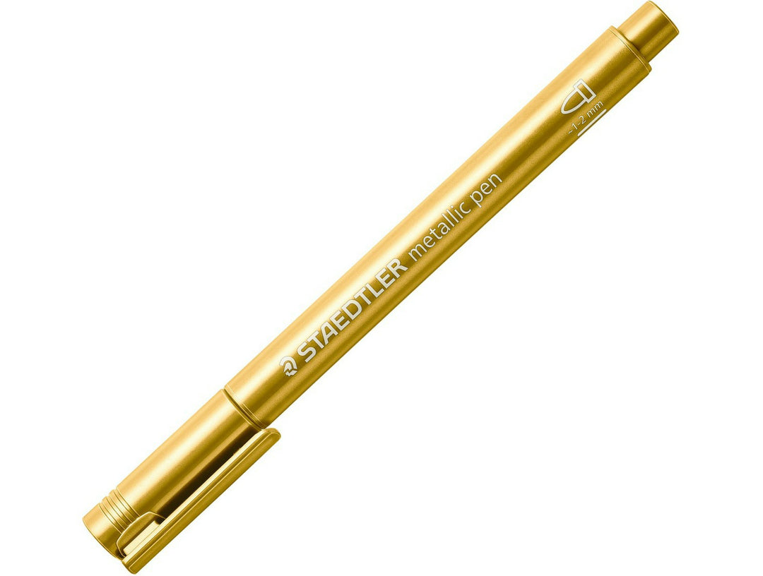 STAEDTLER Metallic Marker 8323 gold pen with cap on showing metallic barrel and clip