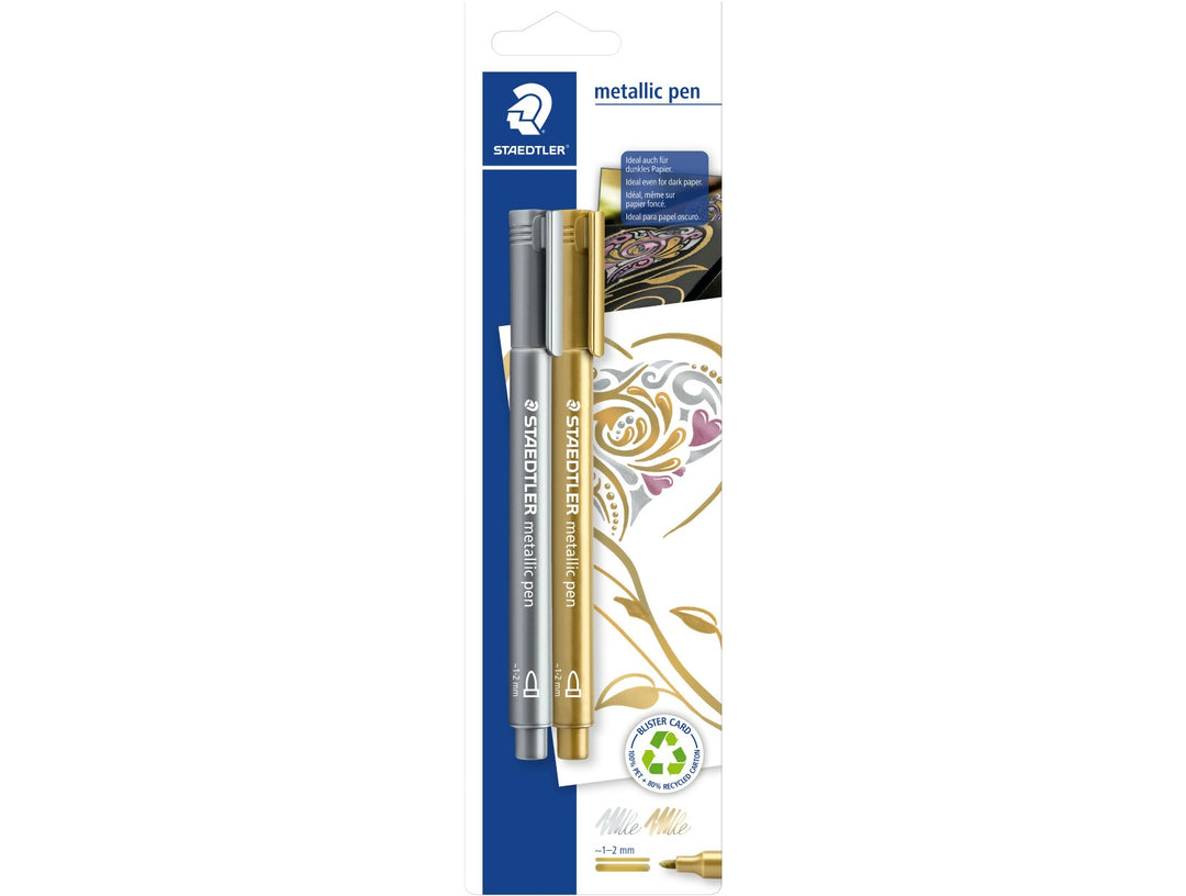 STAEDTLER Metallic Marker 8323 gold and silver 2 pack packaging for writing on dark and light surfaces