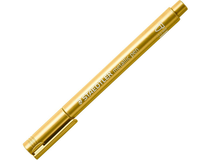 STAEDTLER Metallic Marker 8323 gold pen with cap on showing metallic barrel and clip