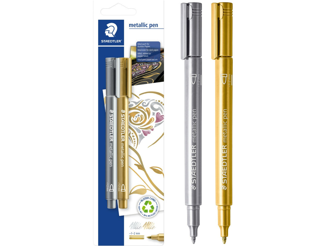 STAEDTLER Metallic Marker 8323 gold and silver 2 pack with pens uncapped showing 1–2 mm decorative tips