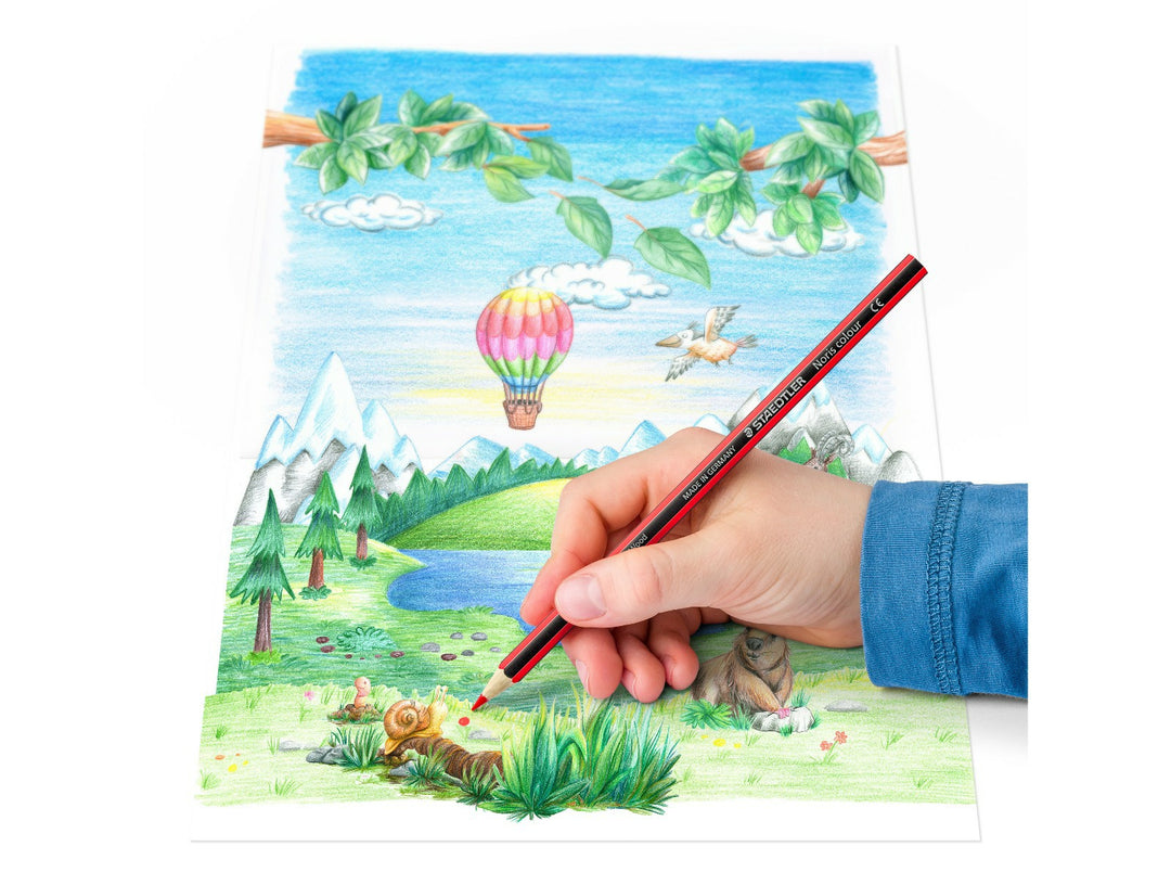 STAEDTLER Noris Colour 185 coloured pencils used for colouring landscape drawing with multiple bright colours