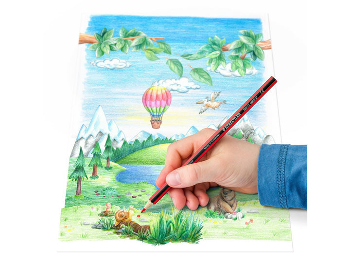 STAEDTLER Noris Colour 185 coloured pencils used for colouring landscape drawing with multiple bright colours