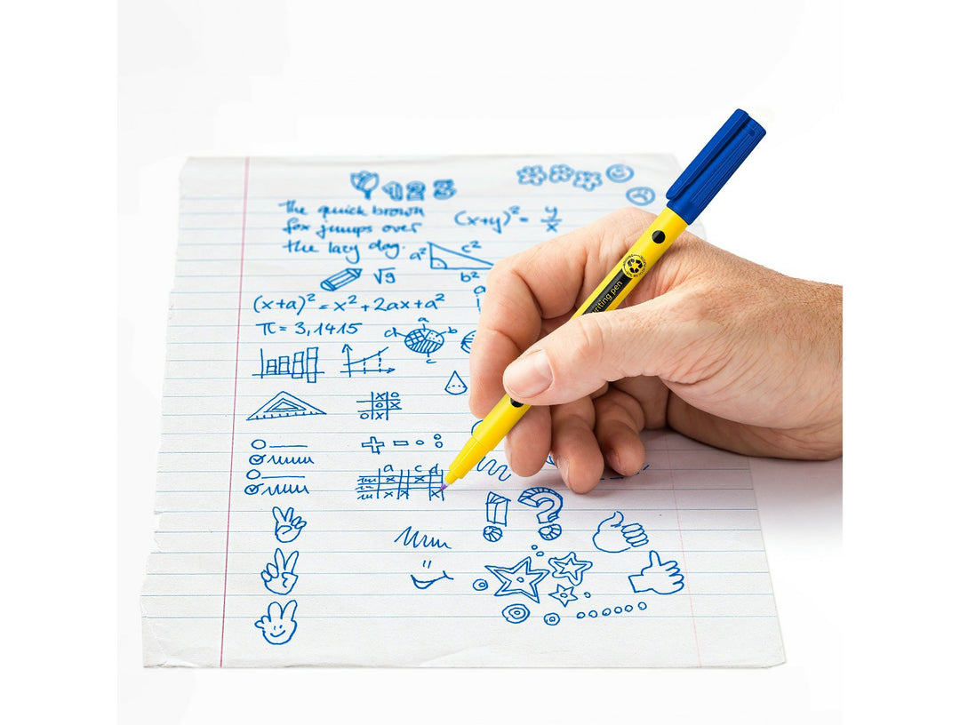 STAEDTLER Noris 307 fineliner pen fine tip used for writing notes and doodles on lined paper showing everyday use