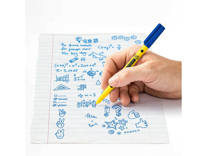 STAEDTLER Noris 307 fineliner pen fine tip used for writing notes and doodles on lined paper showing everyday use