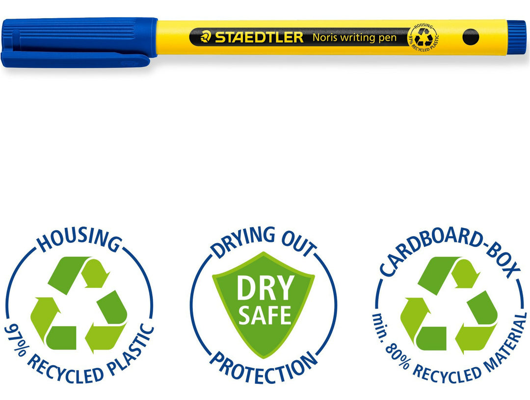 STAEDTLER Noris 307 fineliner pen features including dry safe technology and high recycled plastic content packaging