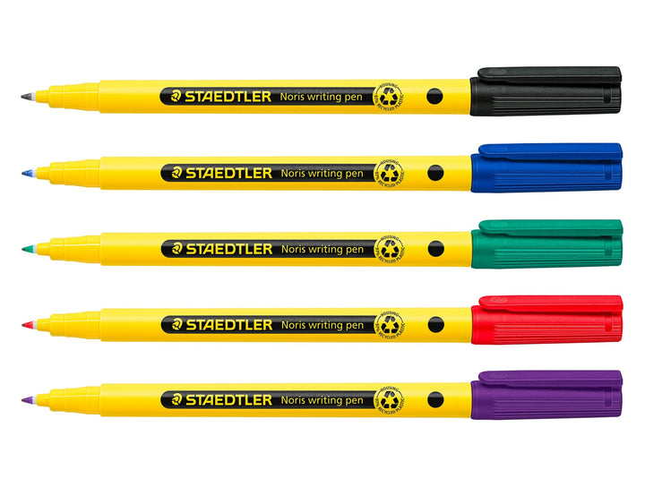 STAEDTLER Noris 307 fineliner pen range with caps off displaying all ink colours and fine tip design