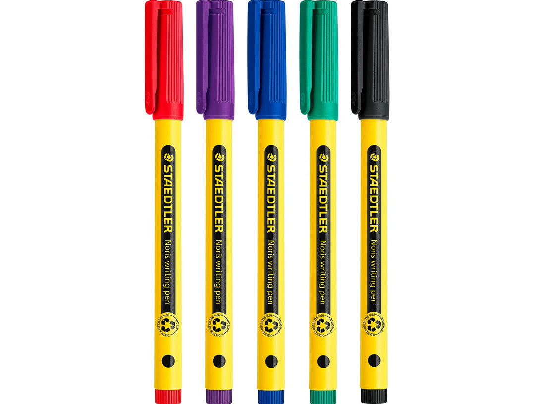 STAEDTLER Noris handwriting pen 307 assorted colours set showing five pens red violet blue green and black