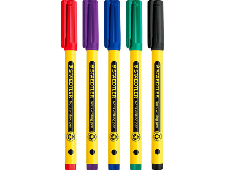 STAEDTLER Noris handwriting pen 307 assorted colours set showing five pens red violet blue green and black