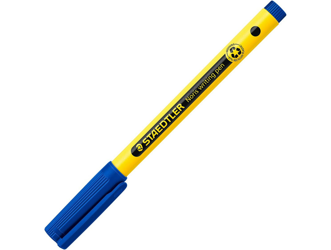 STAEDTLER Noris handwriting pen 307 blue pen with cap closed showing yellow barrel