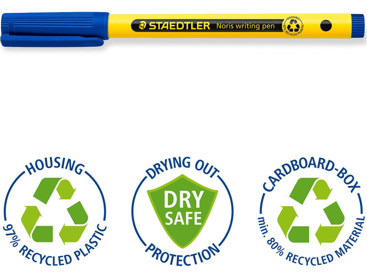 STAEDTLER Noris handwriting pen features showing Dry Safe protection and recycled plastic housing