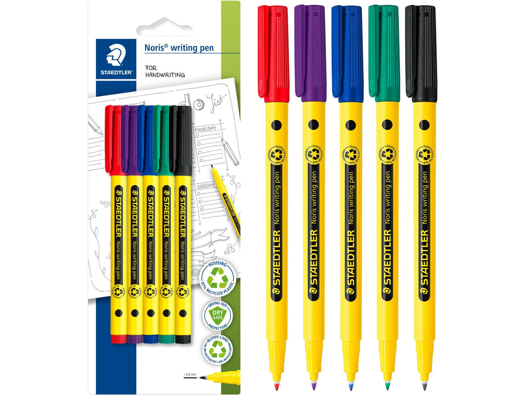 STAEDTLER Noris handwriting pen 307 assorted colour set pack of 5 with packaging and pens displayed