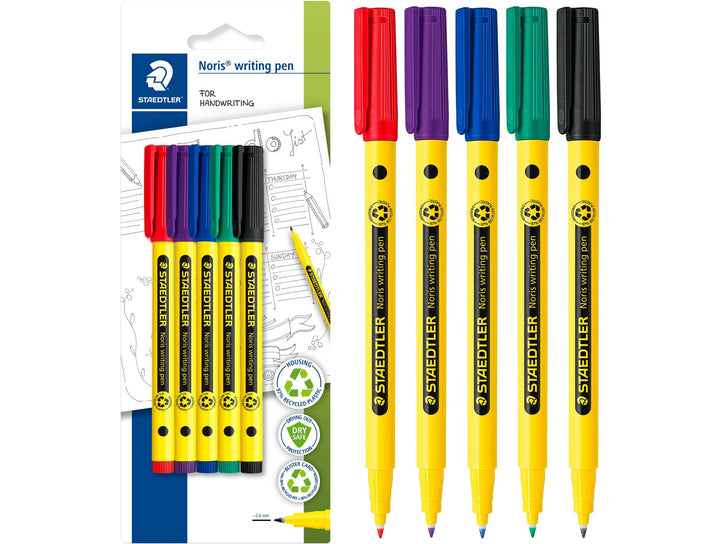 STAEDTLER Noris handwriting pen 307 assorted colour set pack of 5 with packaging and pens displayed