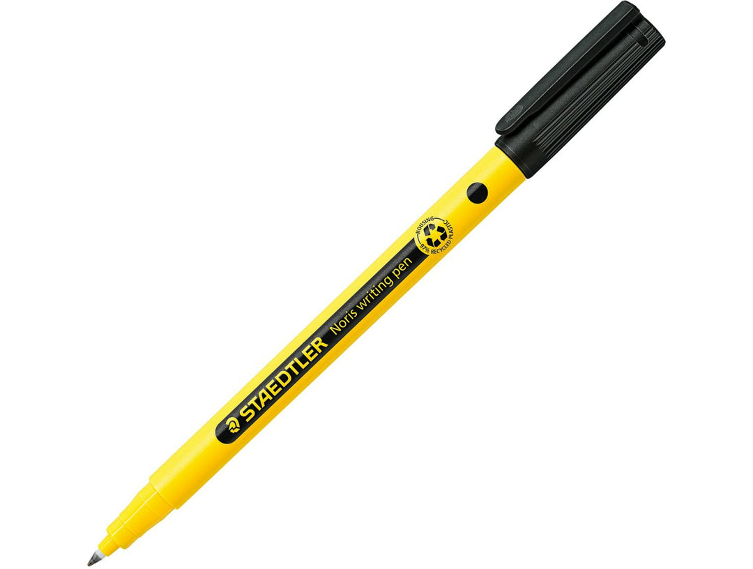 STAEDTLER Noris handwriting pen 307 black pen with cap showing yellow barrel