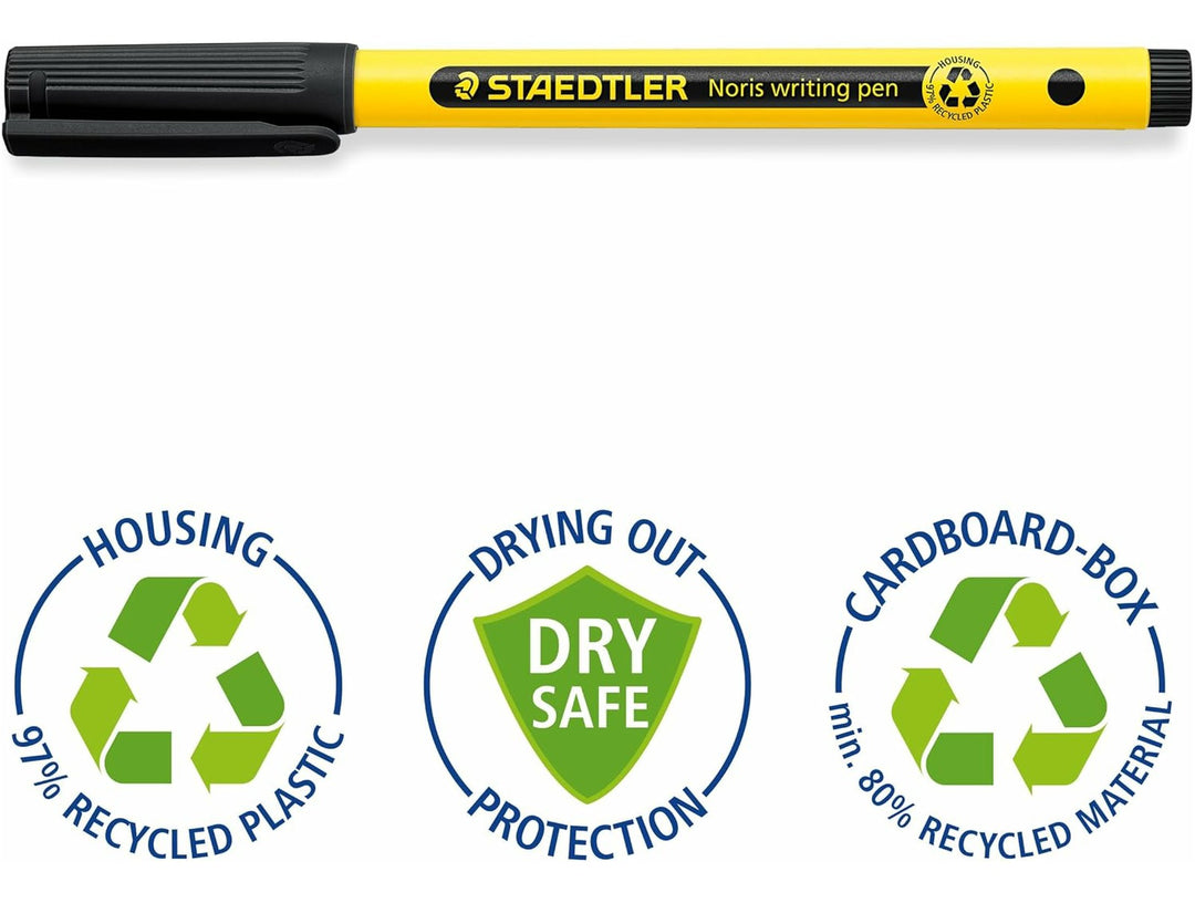 STAEDTLER Noris handwriting pen features showing Dry Safe ink, recycled plastic housing and recyclable cardboard packaging
