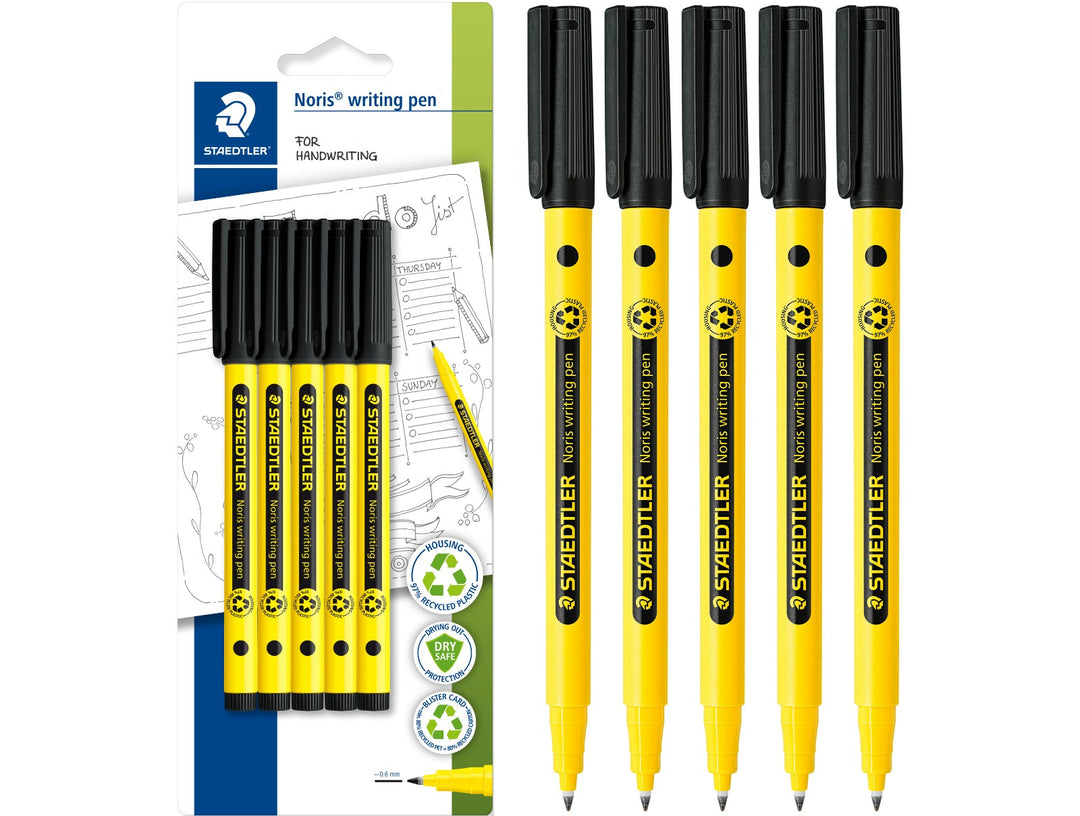 STAEDTLER Noris handwriting pen 307 black pack of 5 with retail packaging and pens displayed