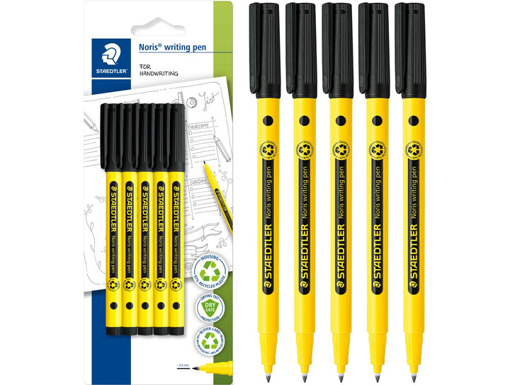 STAEDTLER Noris handwriting pen 307 black pack of 5 with retail packaging and pens displayed